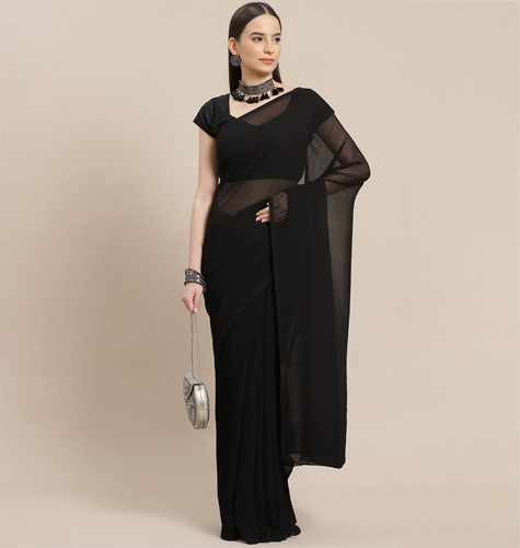 Black Solid Accordion Pleated Saree